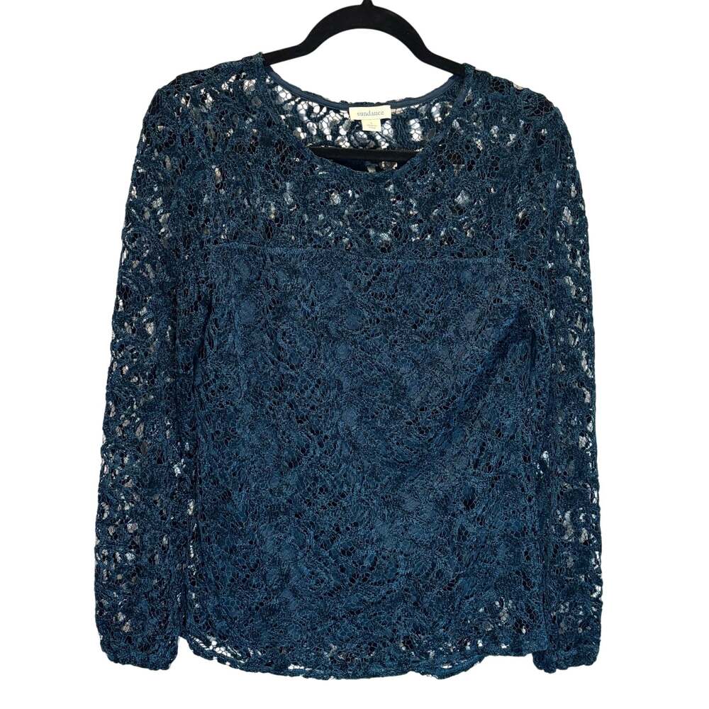 Sundance Blue Velvet Crocheted Knit Long Sleeve Top - size Small